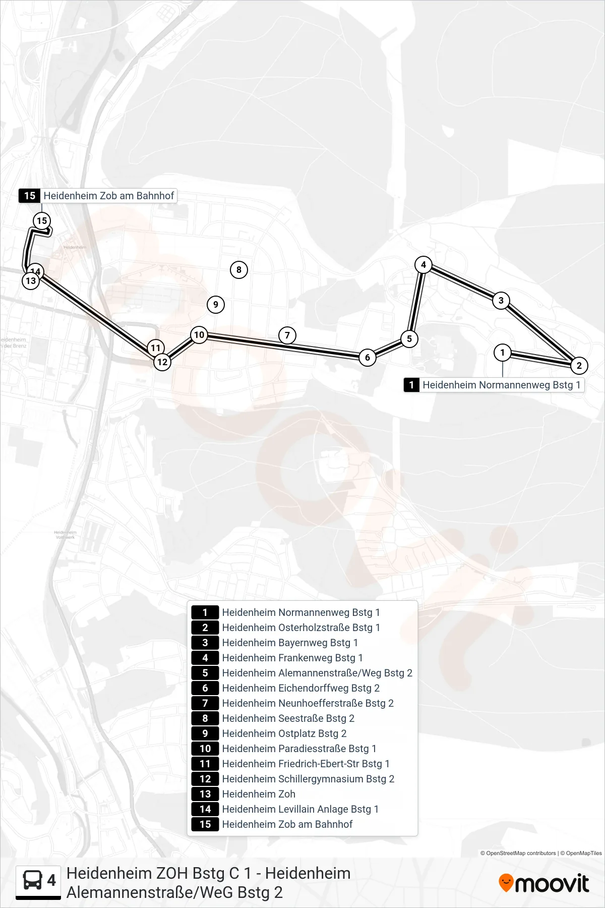 4 bus Line (Heidenheim Zob am Bahnhof) route and stops on a map