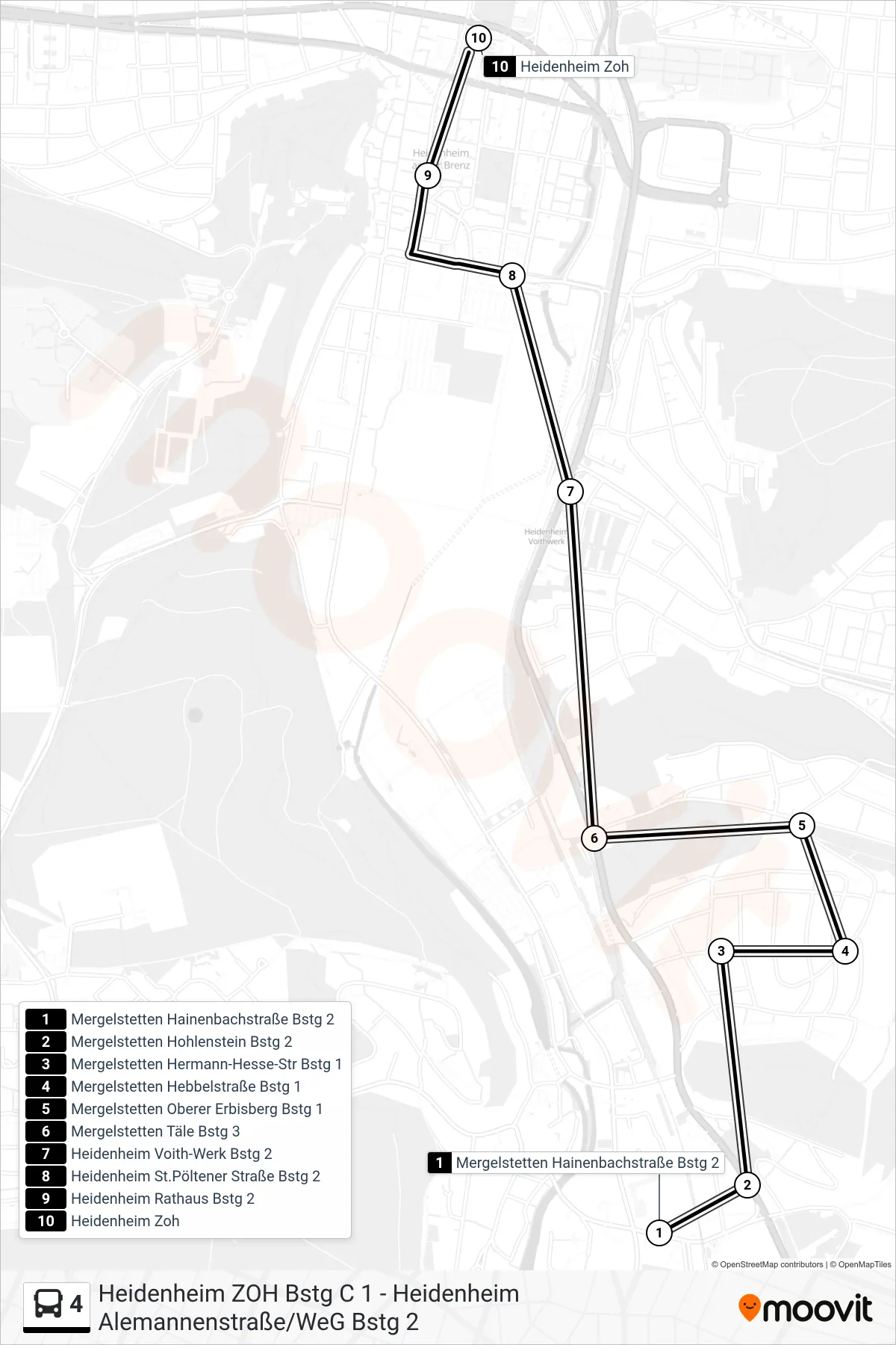 4 bus Line (Heidenheim Zoh) route and stops on a map