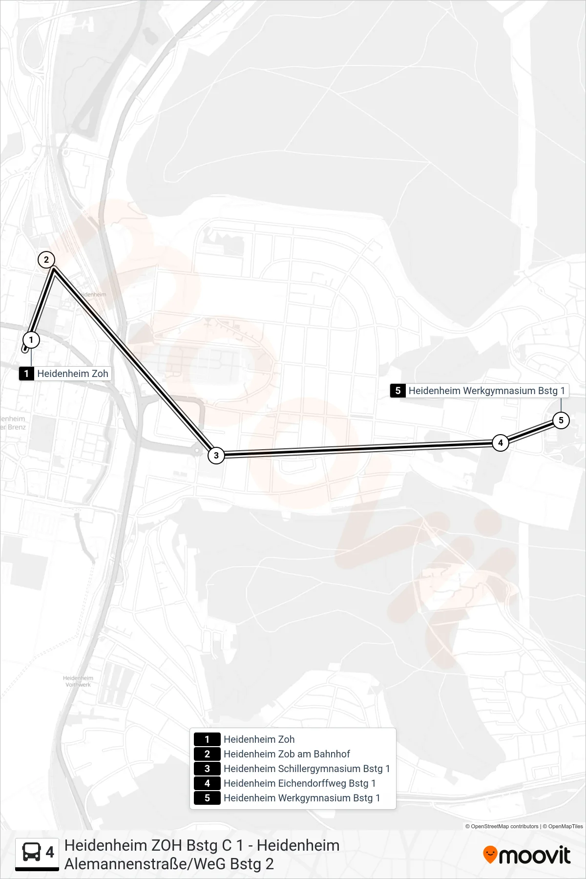 4 bus Line (Heidenheim Werkgymnasium) route and stops on a map