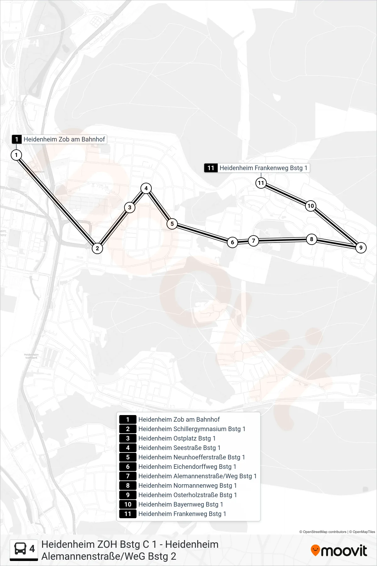 Linie 4 (Bus) Richtung Heidenheim Frankenweg: Route und Haltestellen auf der Karte