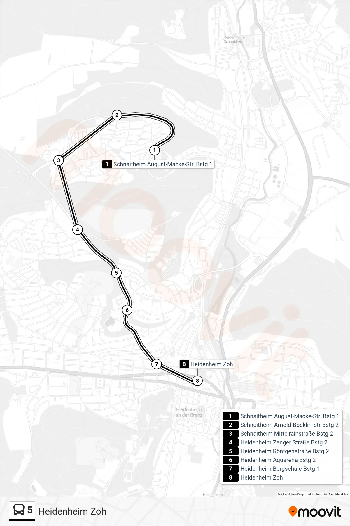 5 bus Line (Heidenheim Zoh) route and stops on a map