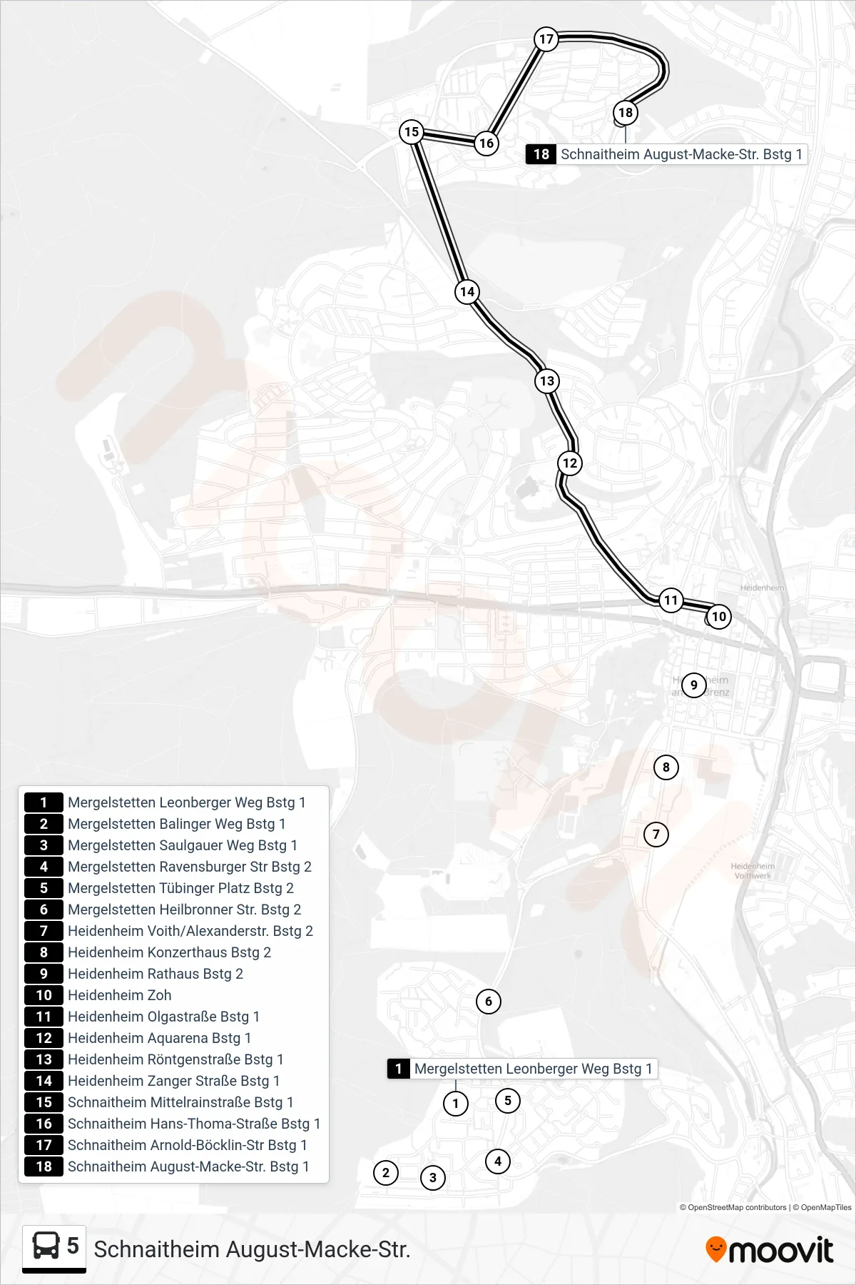 5 bus Line (Schnaitheim August-Macke-Str.) route and stops on a map