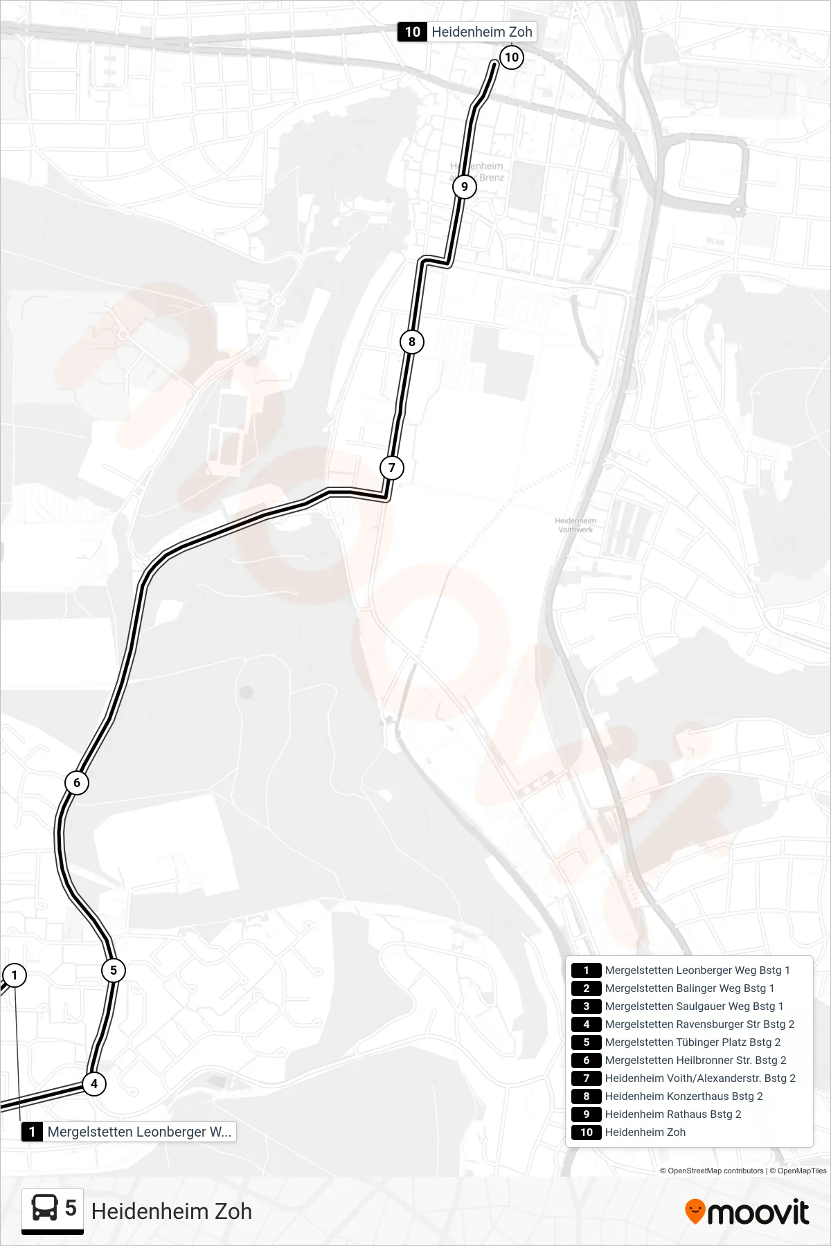 5 bus Line (Heidenheim Zoh) route and stops on a map
