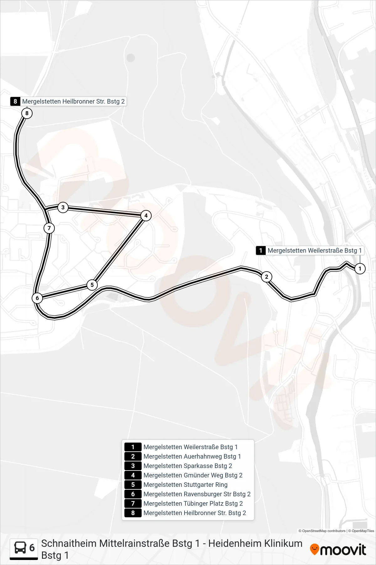 6 bus Line (Mergelstetten Heilbronner Str.) route and stops on a map