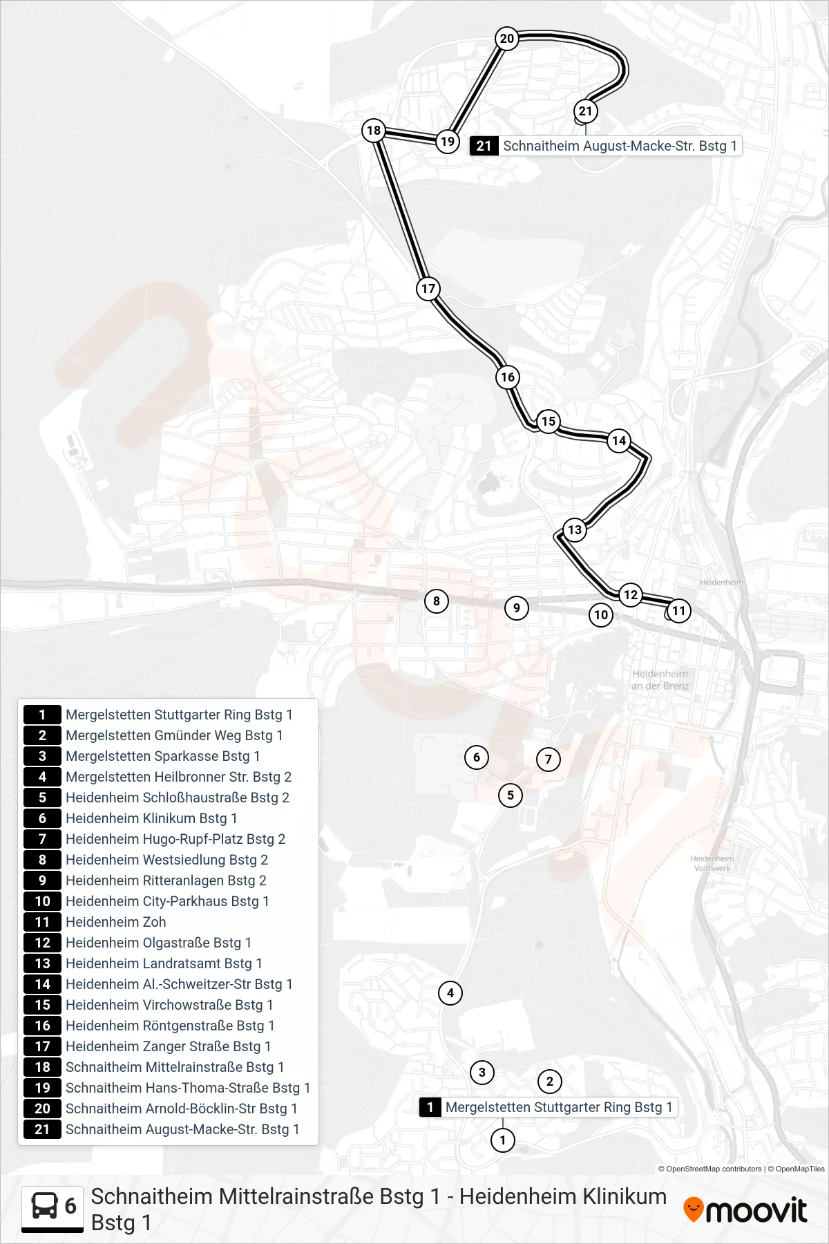 6 bus Line (Schnaitheim August-Macke-Str.) route and stops on a map