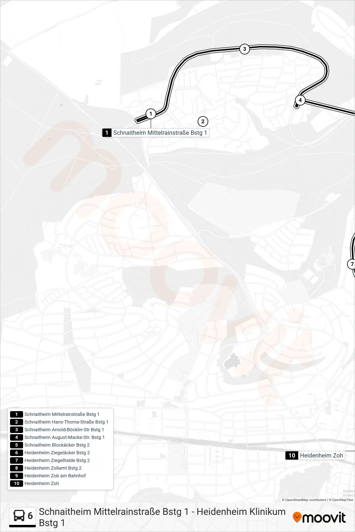 6 bus Line (Heidenheim Zoh) route and stops on a map