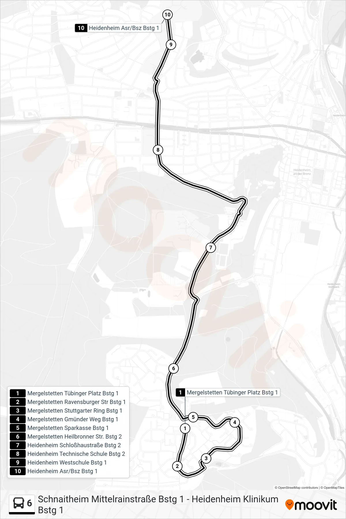 6 bus Line (Heidenheim Asr/Bsz) route and stops on a map