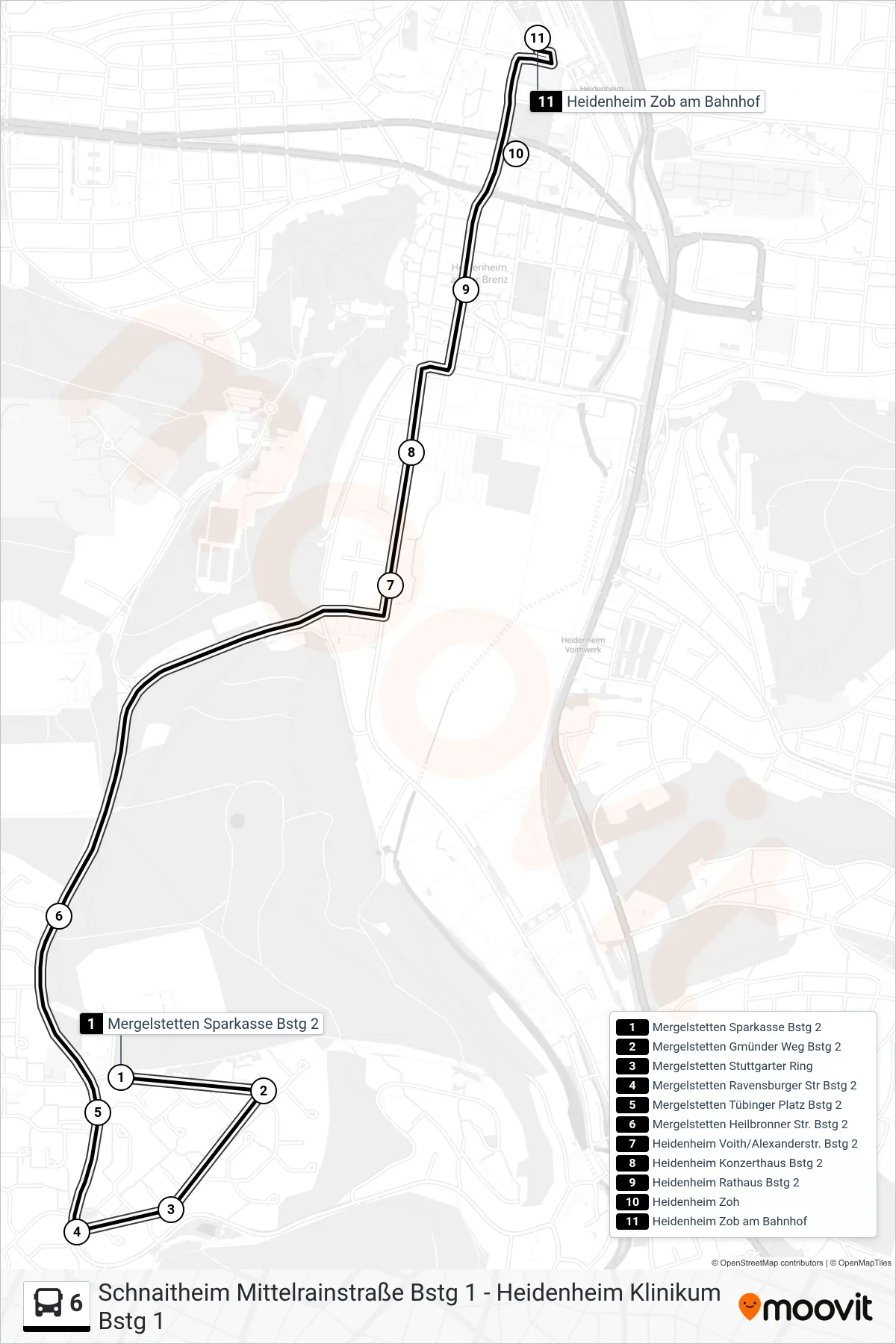 6 bus Line (Heidenheim Zob am Bahnhof) route and stops on a map