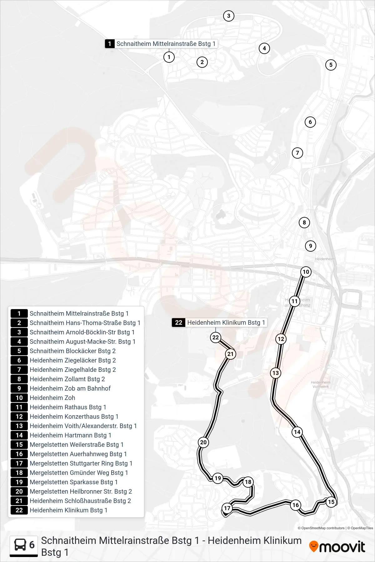 6 bus Line (Heidenheim Klinikum) route and stops on a map