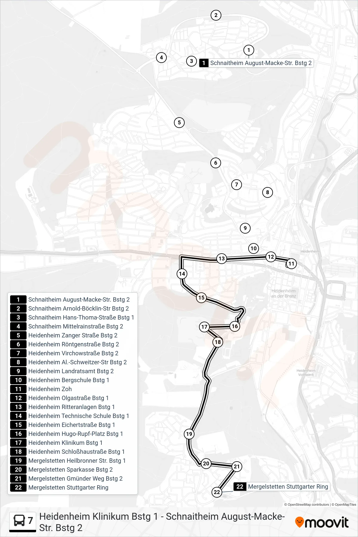 Linie 7 (Bus) Richtung Mergelstetten Stuttgarter Ring: Route und Haltestellen auf der Karte