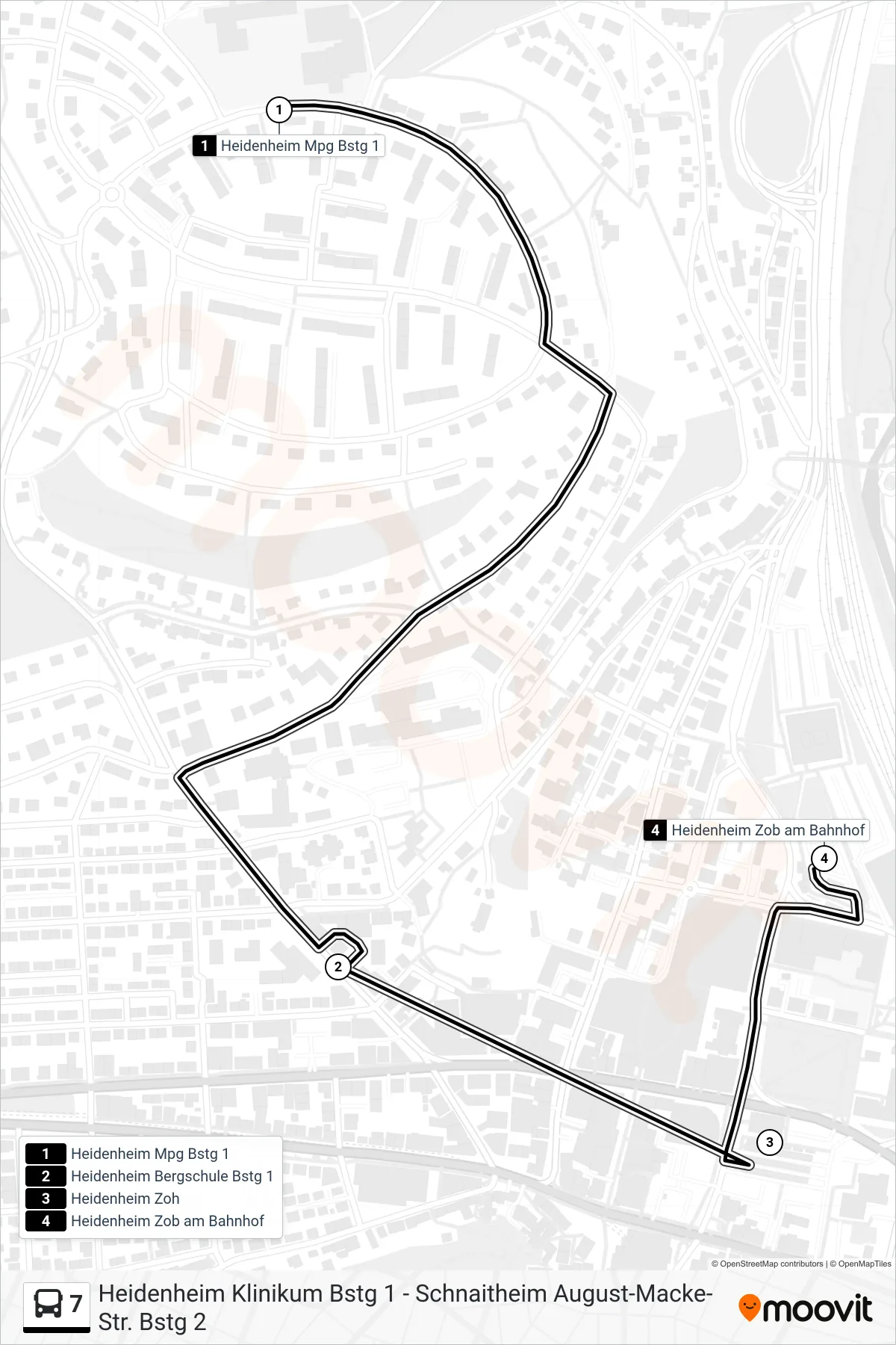7 bus Line (Heidenheim Zob am Bahnhof) route and stops on a map