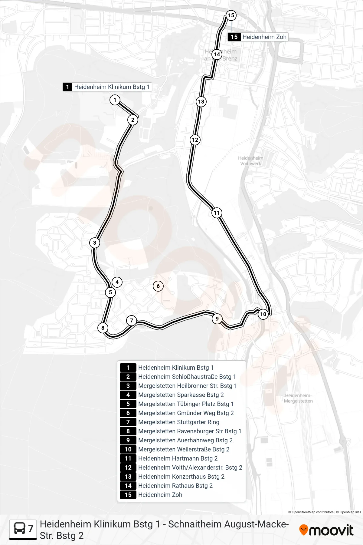 7 bus Line (Heidenheim Zoh) route and stops on a map
