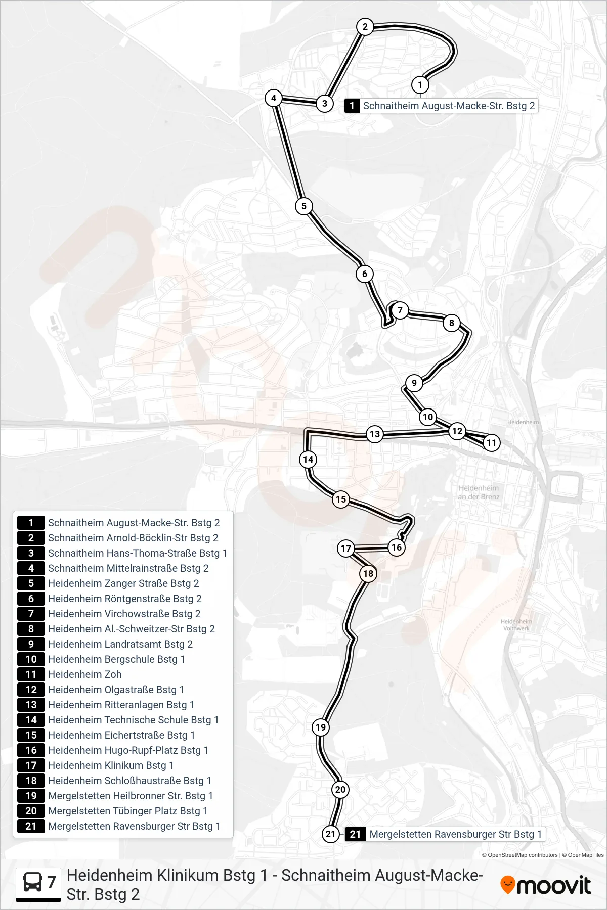 Linie 7 (Bus) Richtung Mergelstetten Ravensburger Str: Route und Haltestellen auf der Karte