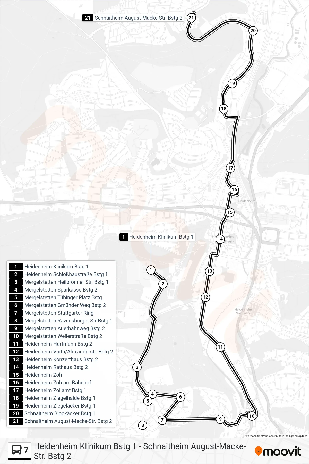 7 bus Line (Schnaitheim August-Macke-Str.) route and stops on a map
