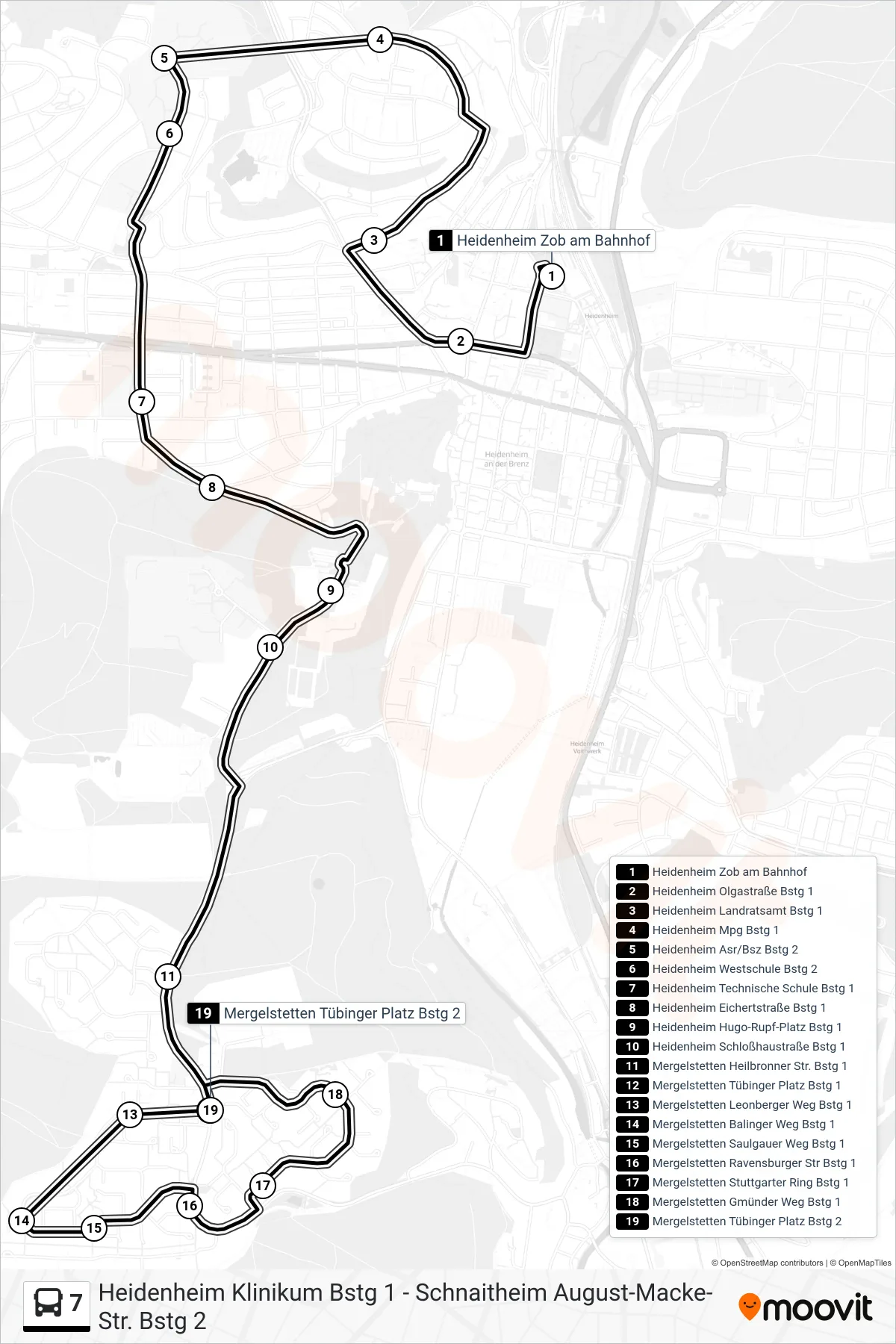 7 bus Line (Mergelstetten Tübinger Platz) route and stops on a map