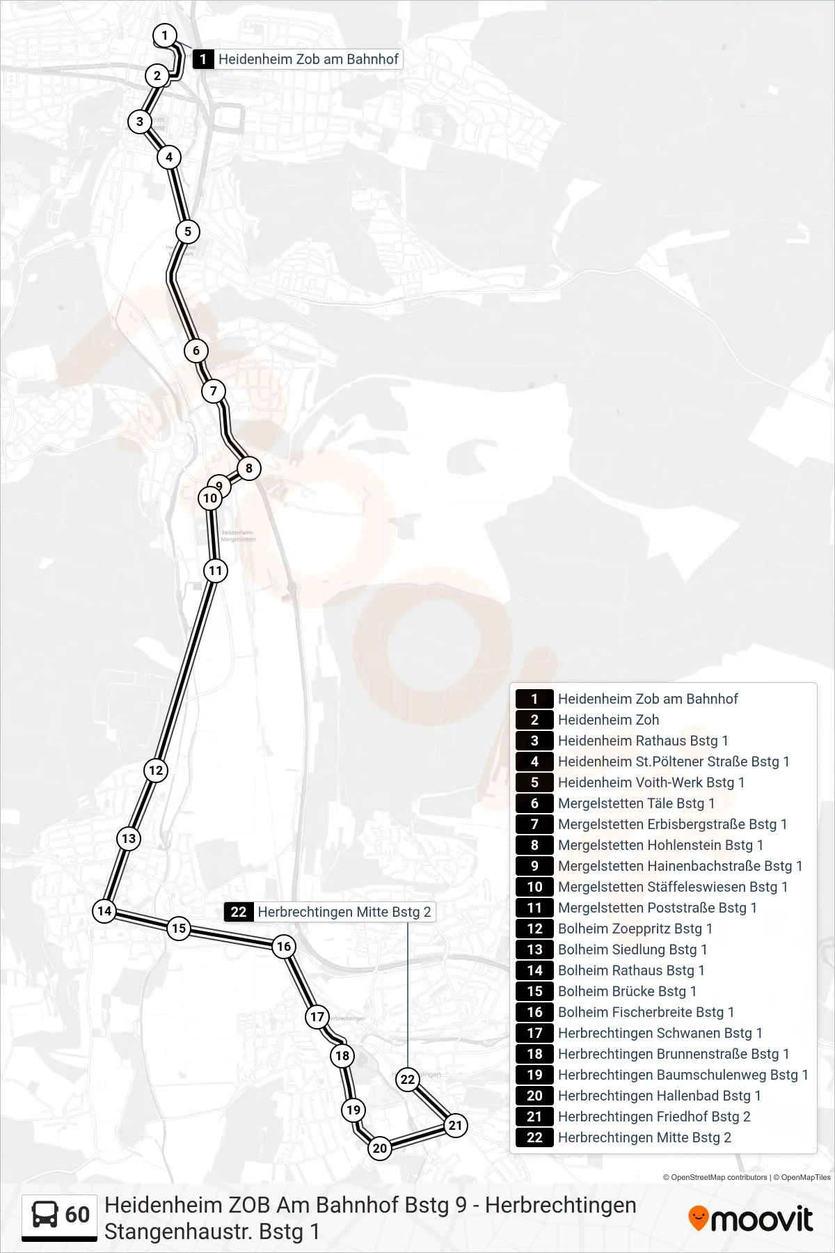 60 bus Line (Herbrechtingen Mitte) route and stops on a map