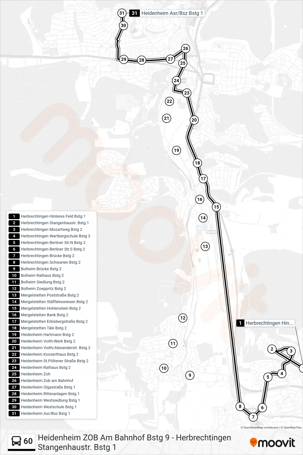 60 bus Line (Heidenheim Asr/Bsz) route and stops on a map