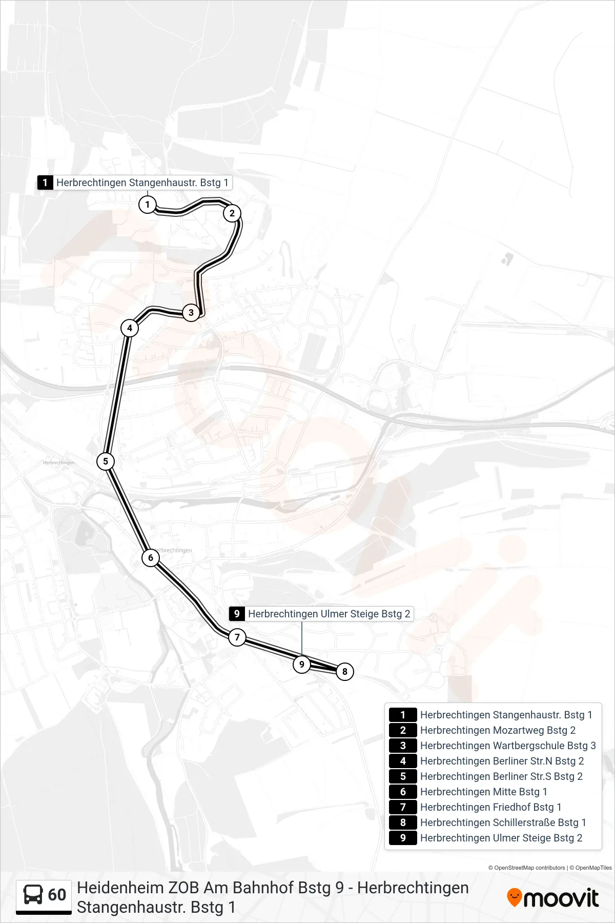 60 bus Line (Herbrechtingen Ulmer Steige) route and stops on a map