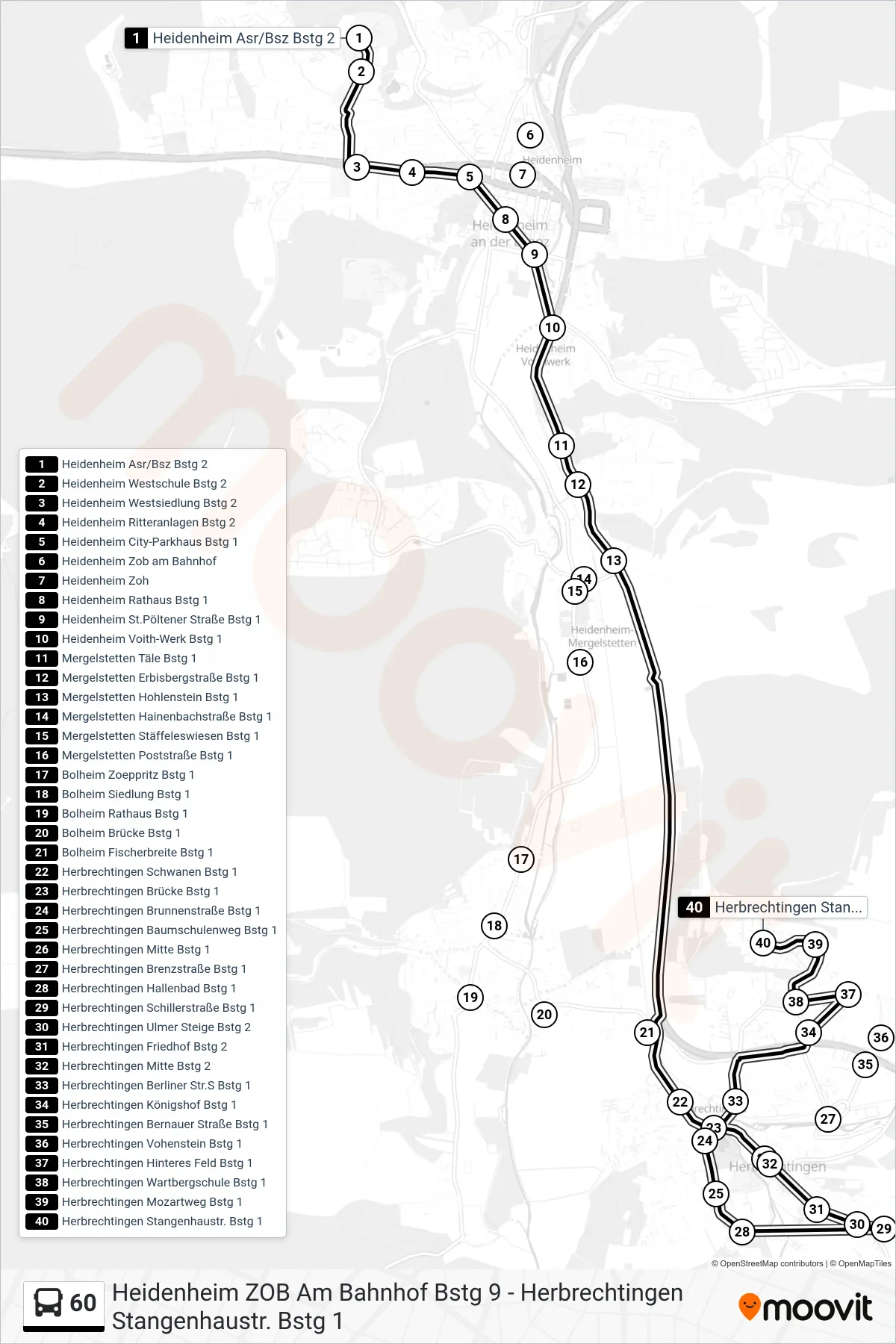 60 bus Line (Herbrechtingen Stangenhaustr.) route and stops on a map