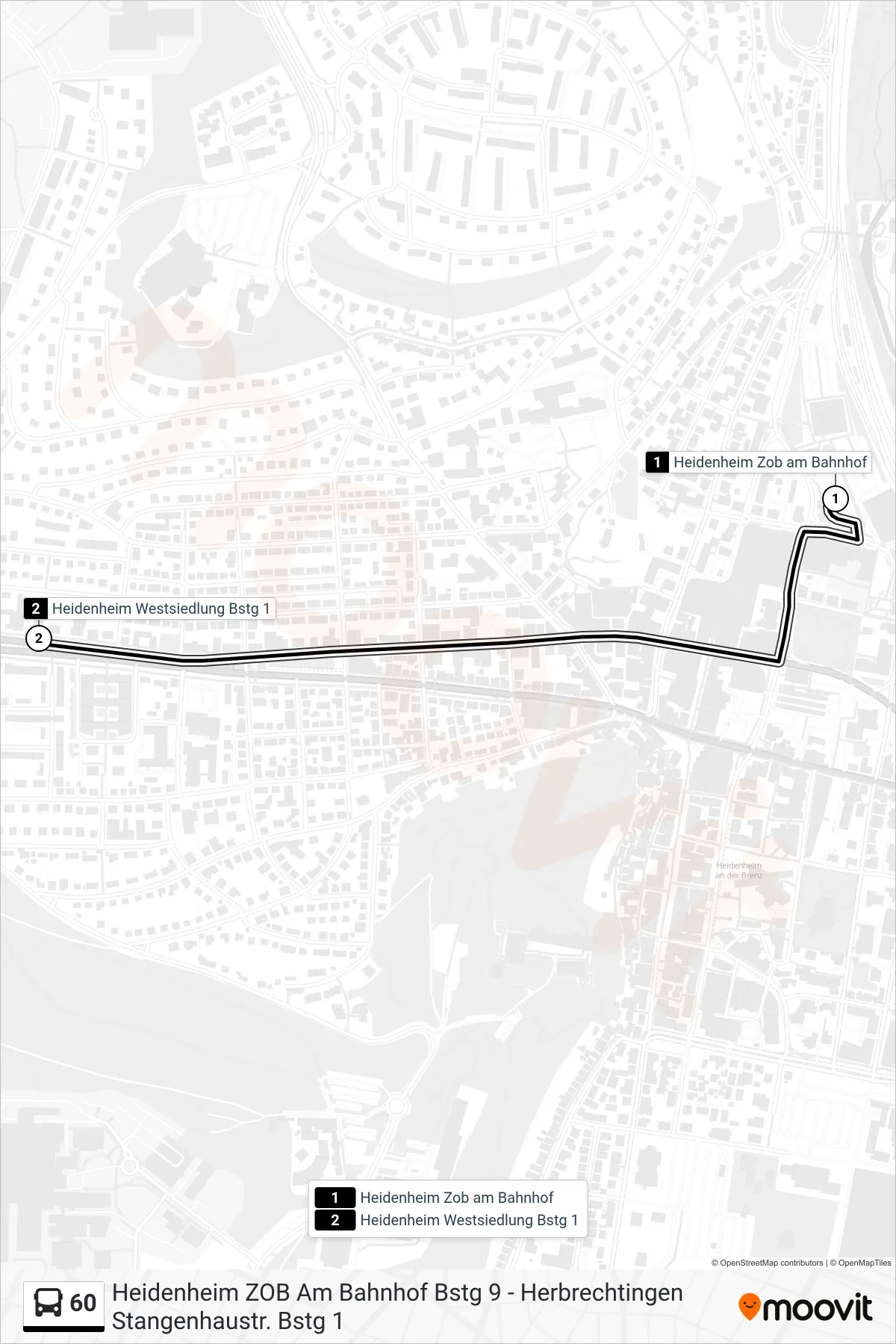 60 bus Line (Heidenheim Westsiedlung) route and stops on a map