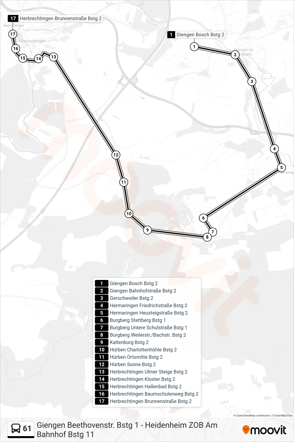 61 bus Line (Herbrechtingen Brunnenstraße) route and stops on a map