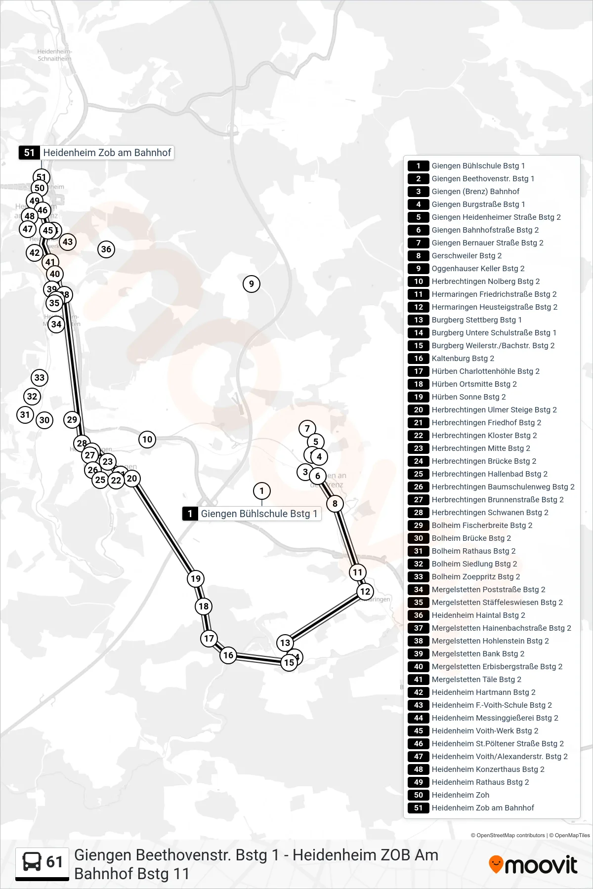 61 bus Line (Heidenheim Zob am Bahnhof) route and stops on a map