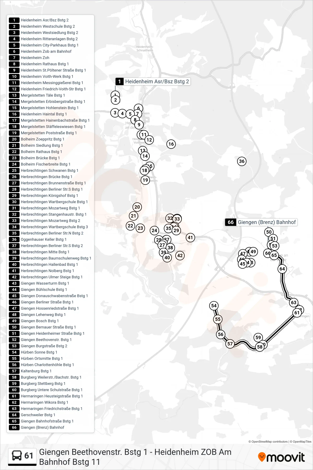 61 bus Line (Giengen (Brenz) Bahnhof) route and stops on a map