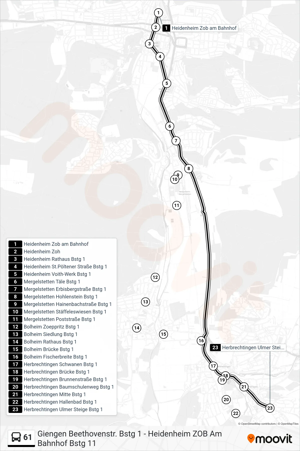 61 bus Line (Herbrechtingen Ulmer Steige) route and stops on a map