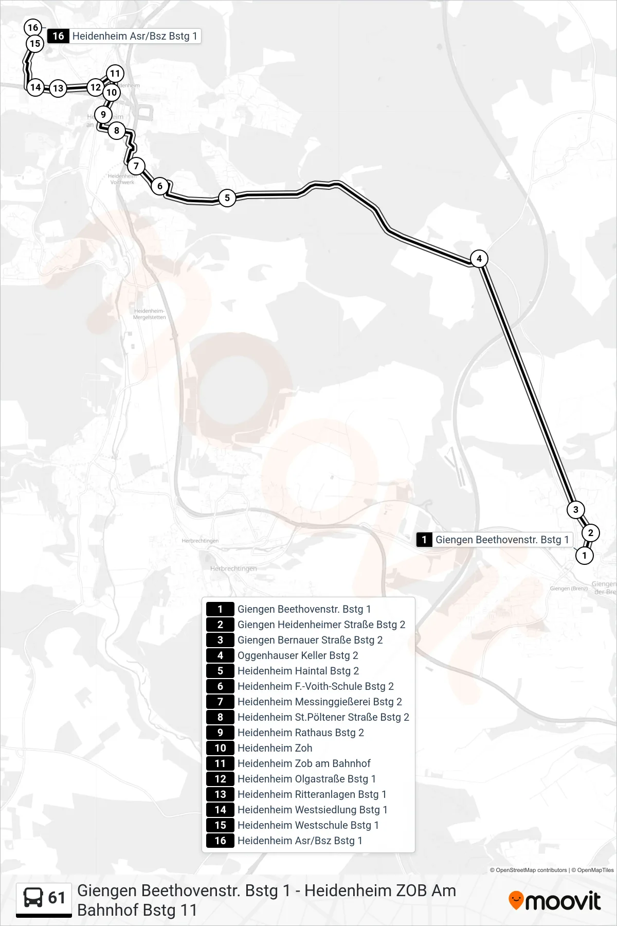 61 bus Line (Heidenheim Asr/Bsz) route and stops on a map
