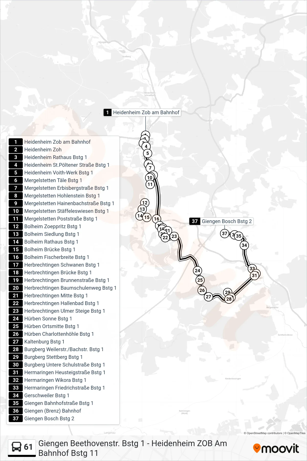 61 bus Line (Giengen Bosch) route and stops on a map