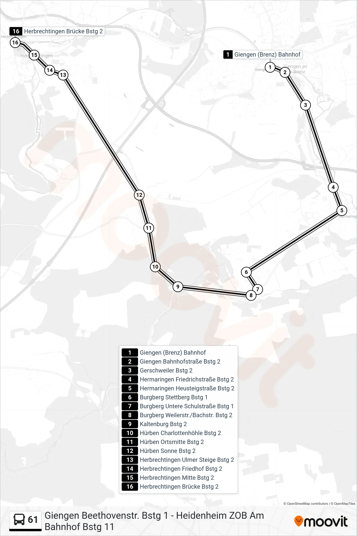 61 bus Line (Herbrechtingen Brücke) route and stops on a map