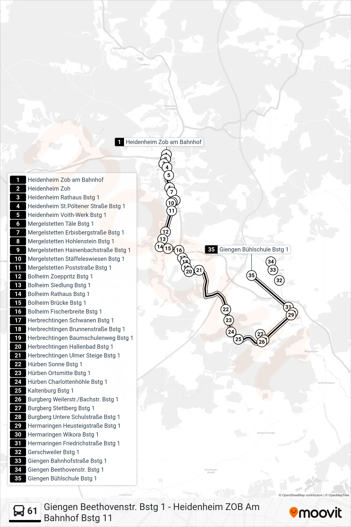 61 bus Line (Giengen Bühlschule) route and stops on a map