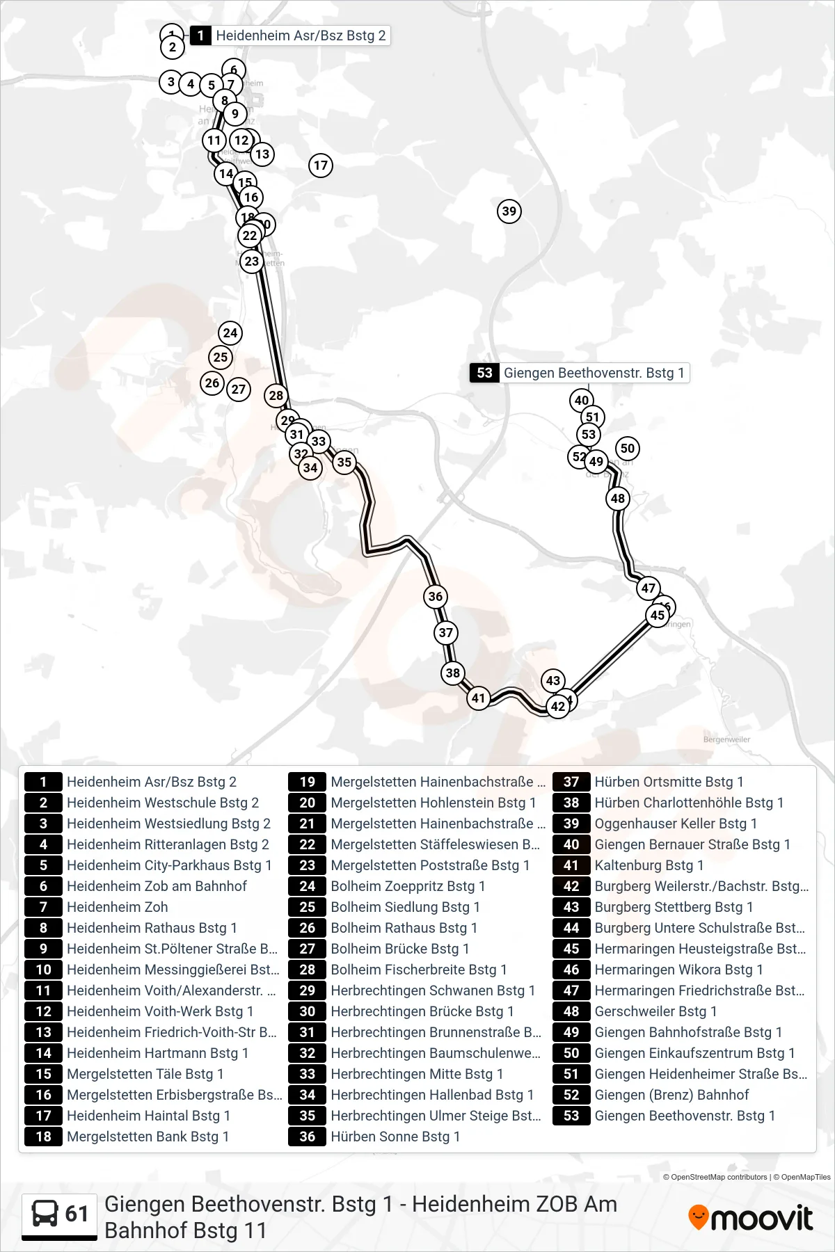 Linie 61 (Bus) Richtung Giengen Beethovenstr.: Route und Haltestellen auf der Karte