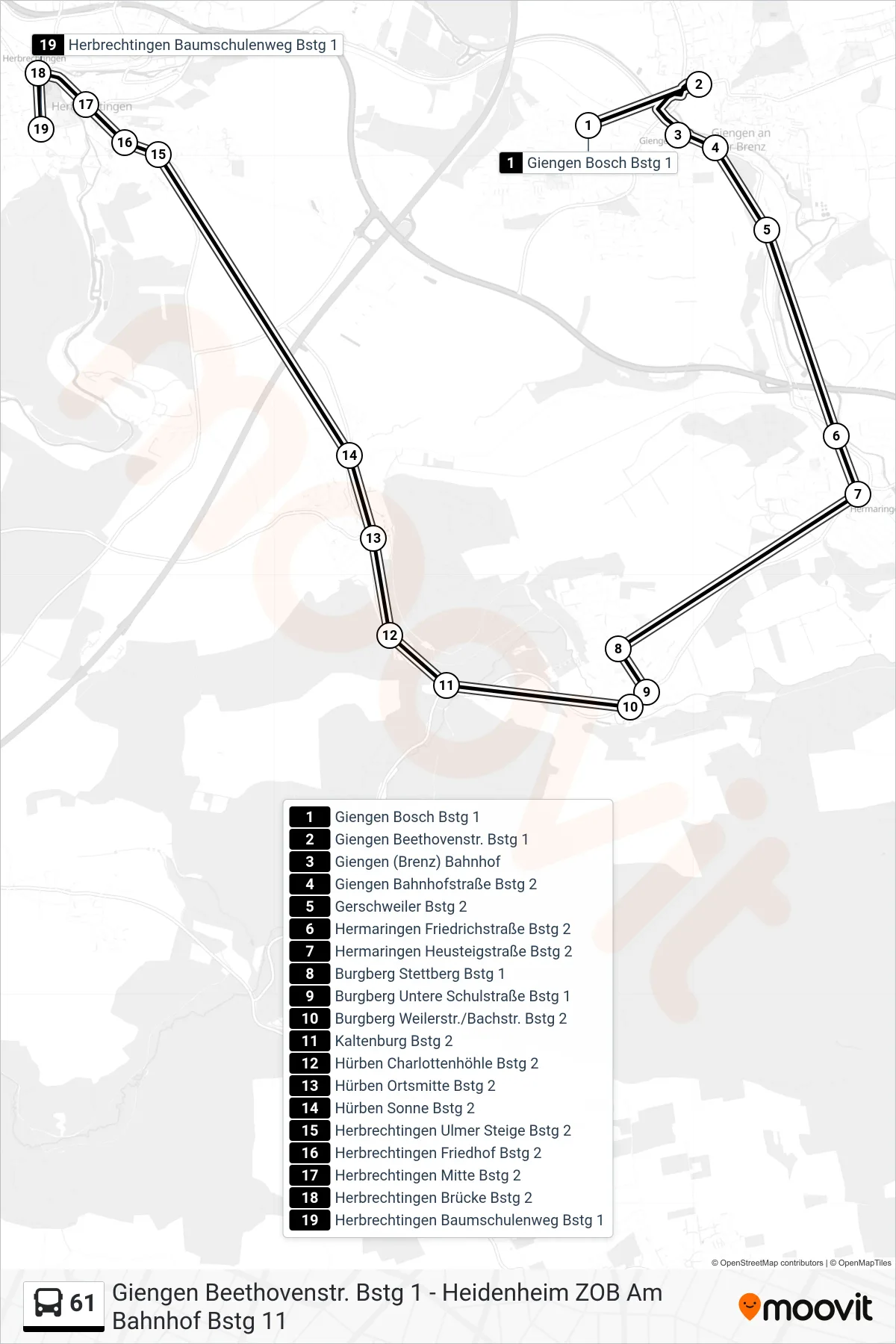 61 bus Line (Herbrechtingen Baumschulenweg) route and stops on a map