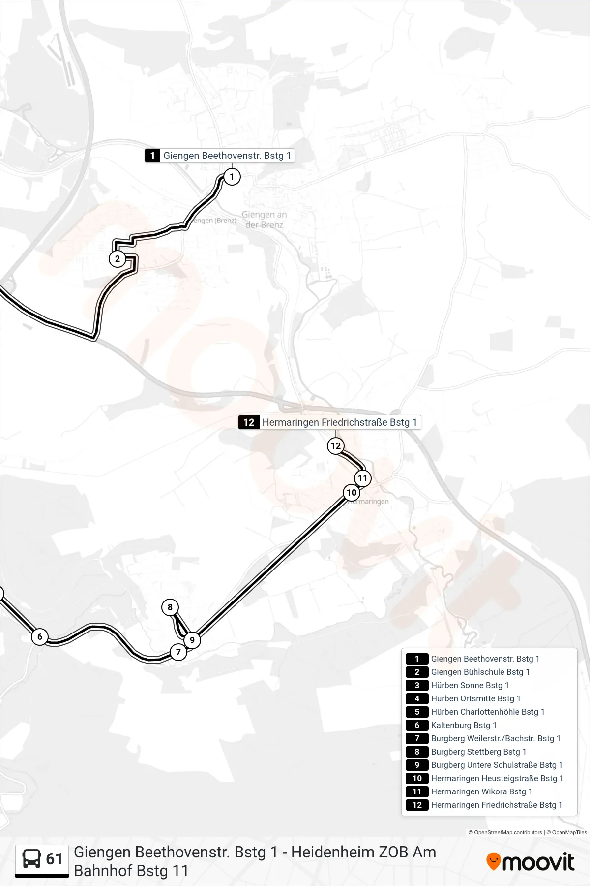 61 bus Line (Hermaringen Friedrichstraße) route and stops on a map