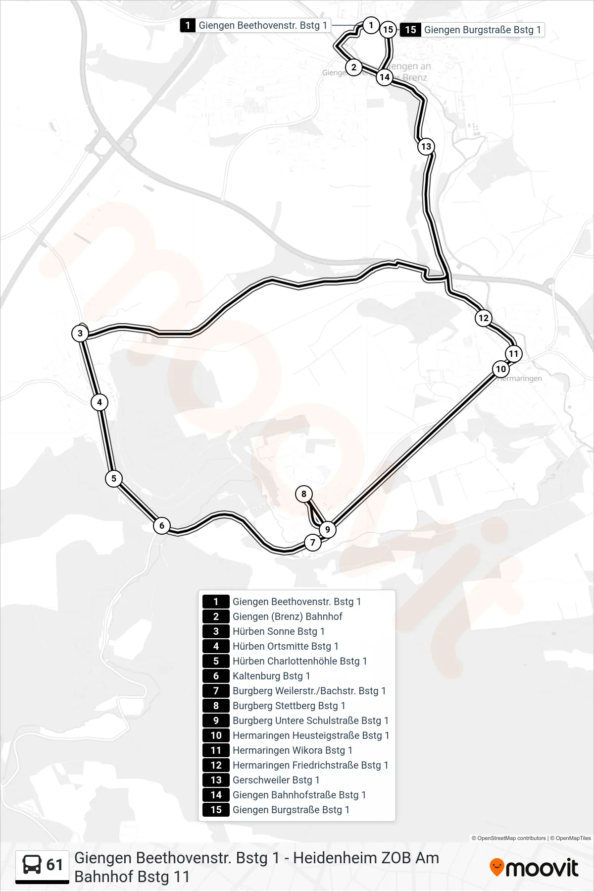 61 bus Line (Giengen Burgstraße) route and stops on a map