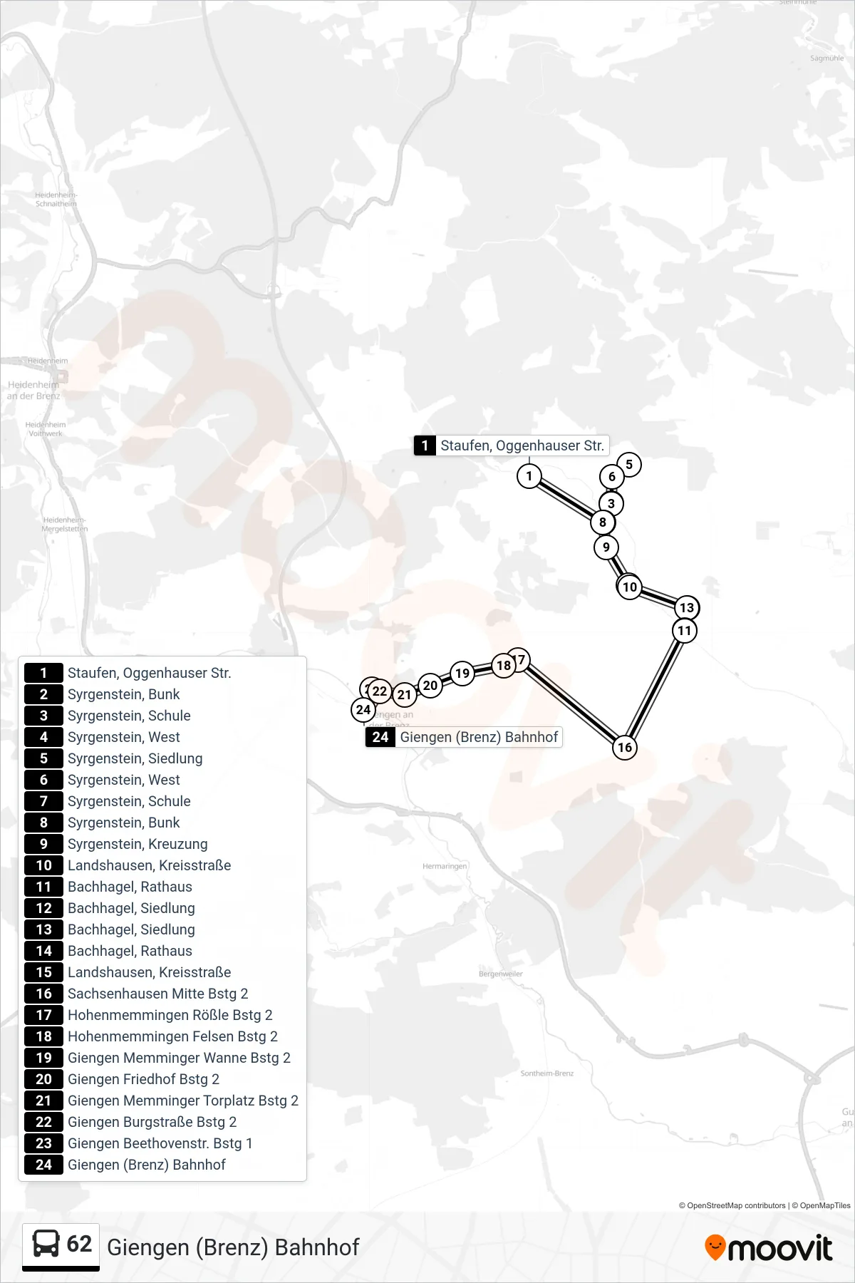62 bus Line (Giengen (Brenz) Bahnhof) route and stops on a map