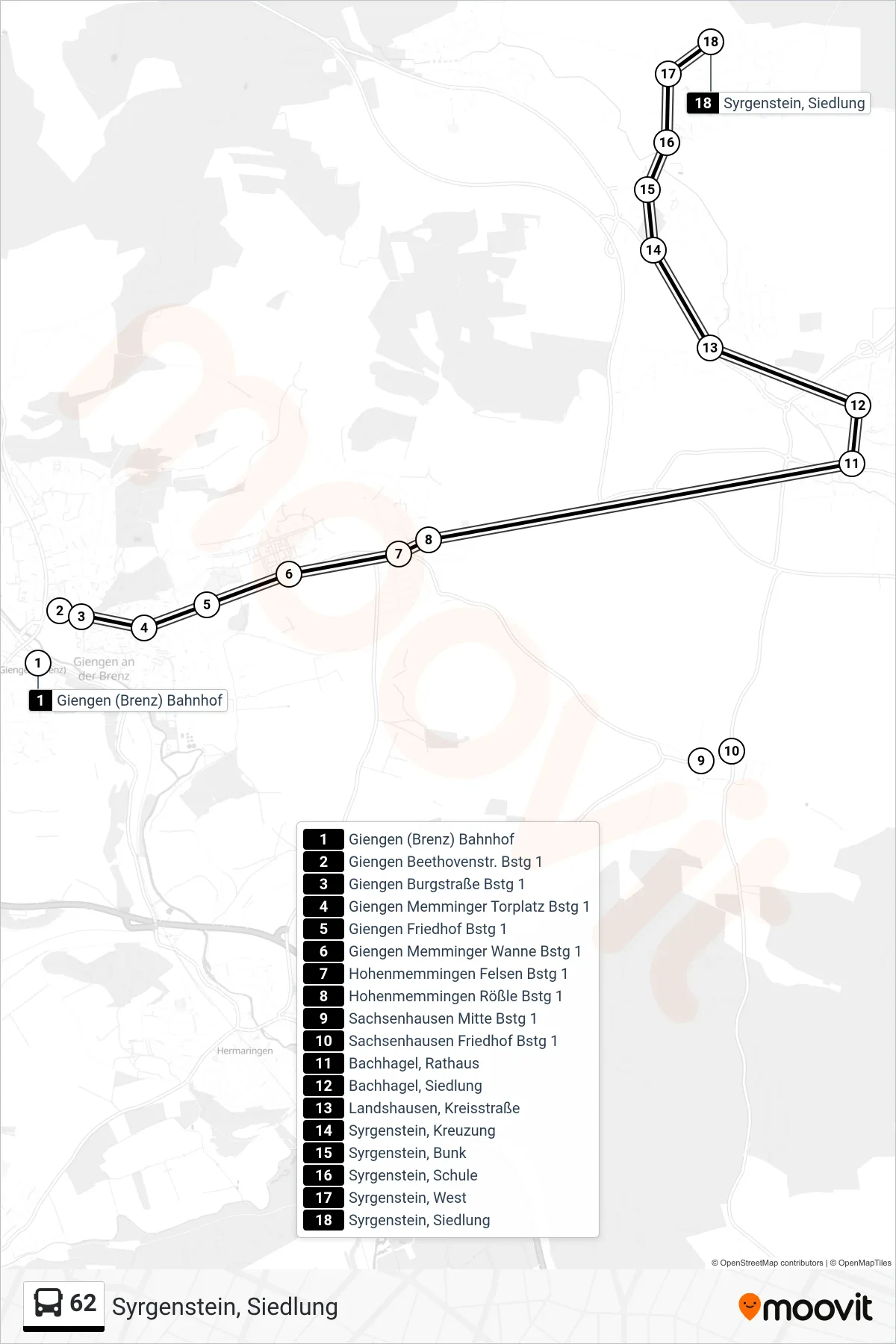 62 bus Line (Syrgenstein, Siedlung) route and stops on a map