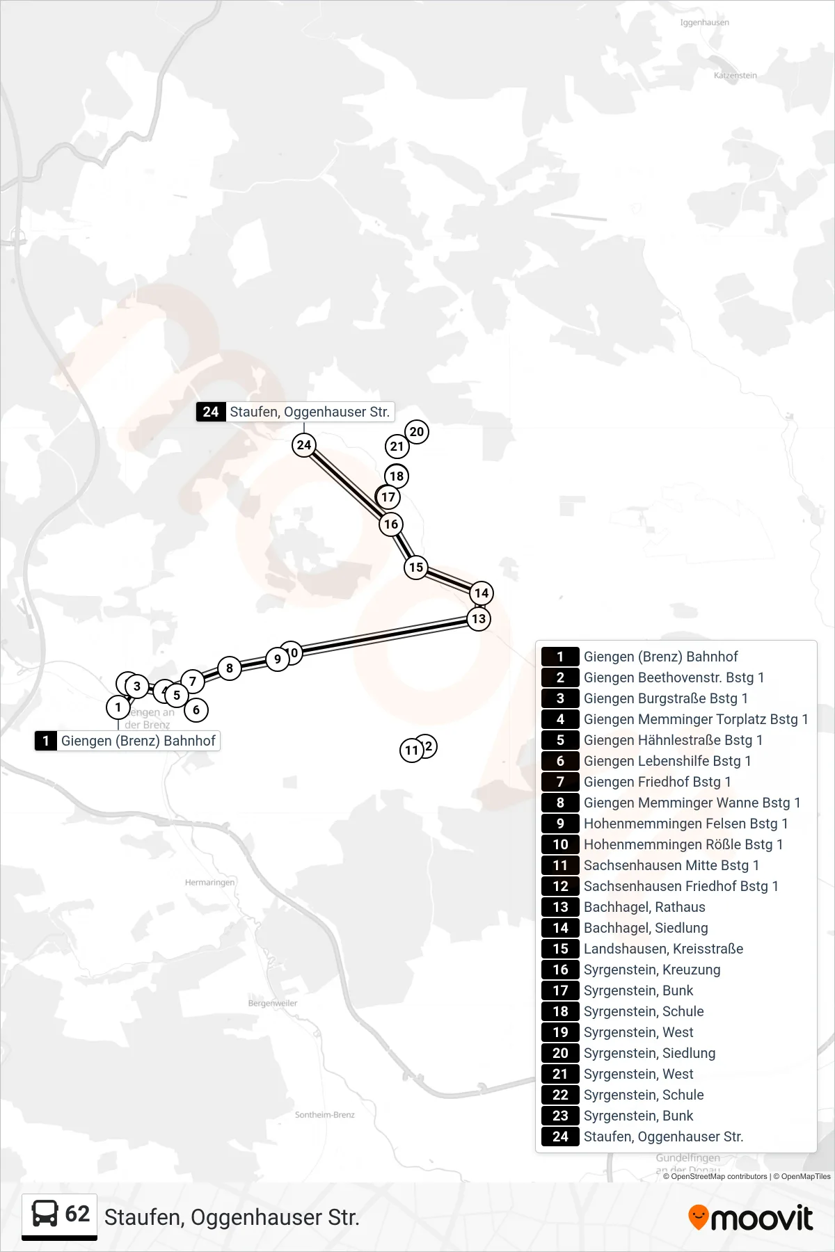 62 bus Line (Staufen, Oggenhauser Str.) route and stops on a map