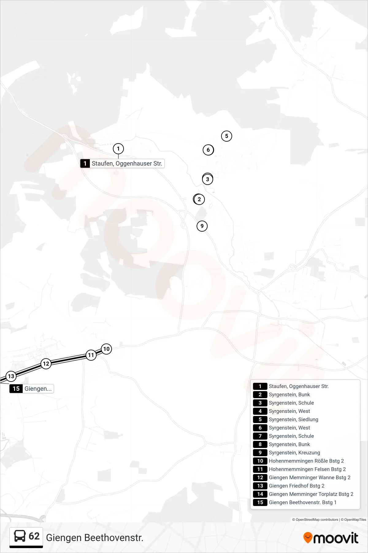 62 bus Line (Giengen Beethovenstr.) route and stops on a map