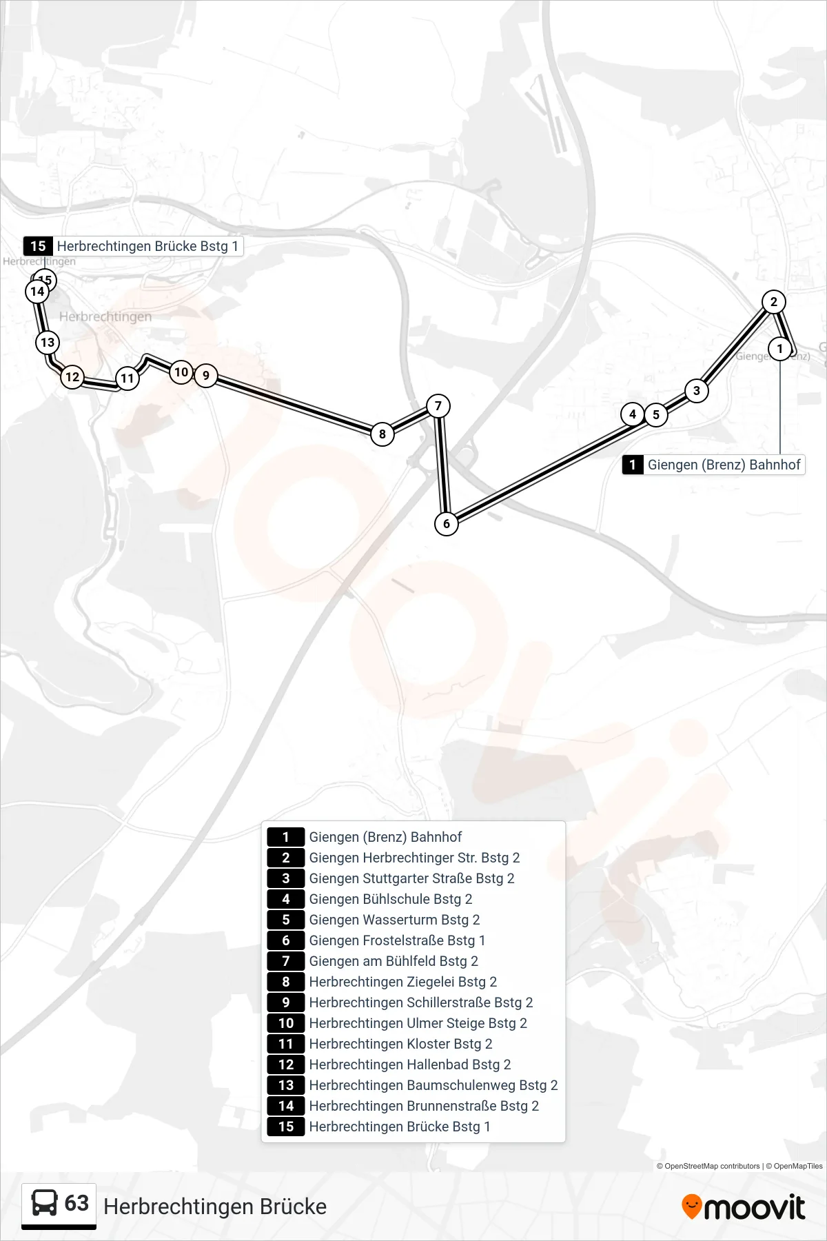 63 bus Line (Herbrechtingen Brücke) route and stops on a map