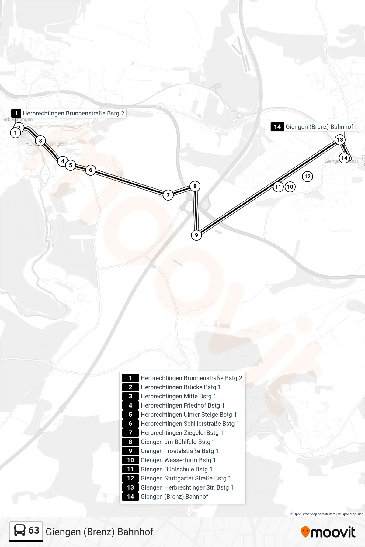 63 bus Line (Giengen (Brenz) Bahnhof) route and stops on a map