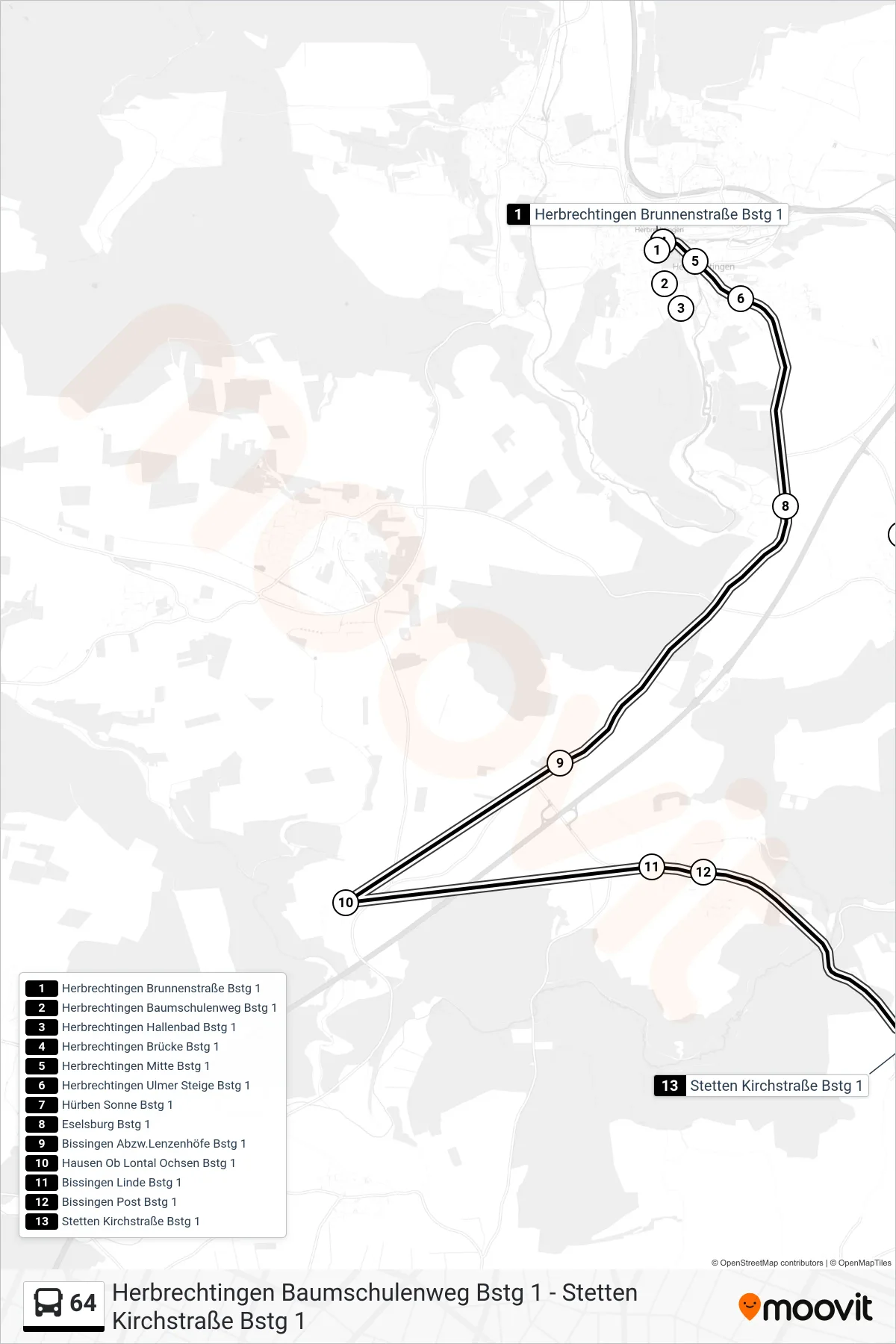 64 bus Line (Stetten Kirchstraße) route and stops on a map
