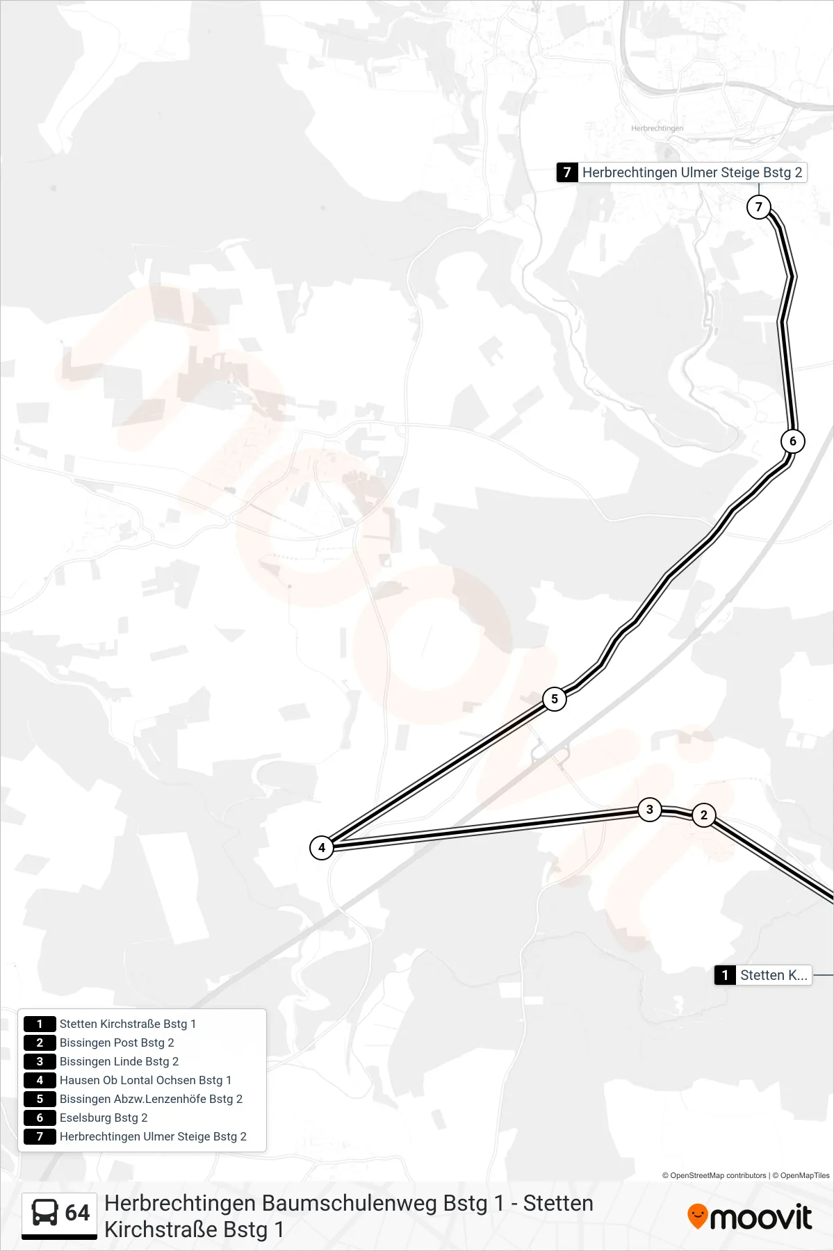 64 bus Line (Herbrechtingen Ulmer Steige) route and stops on a map