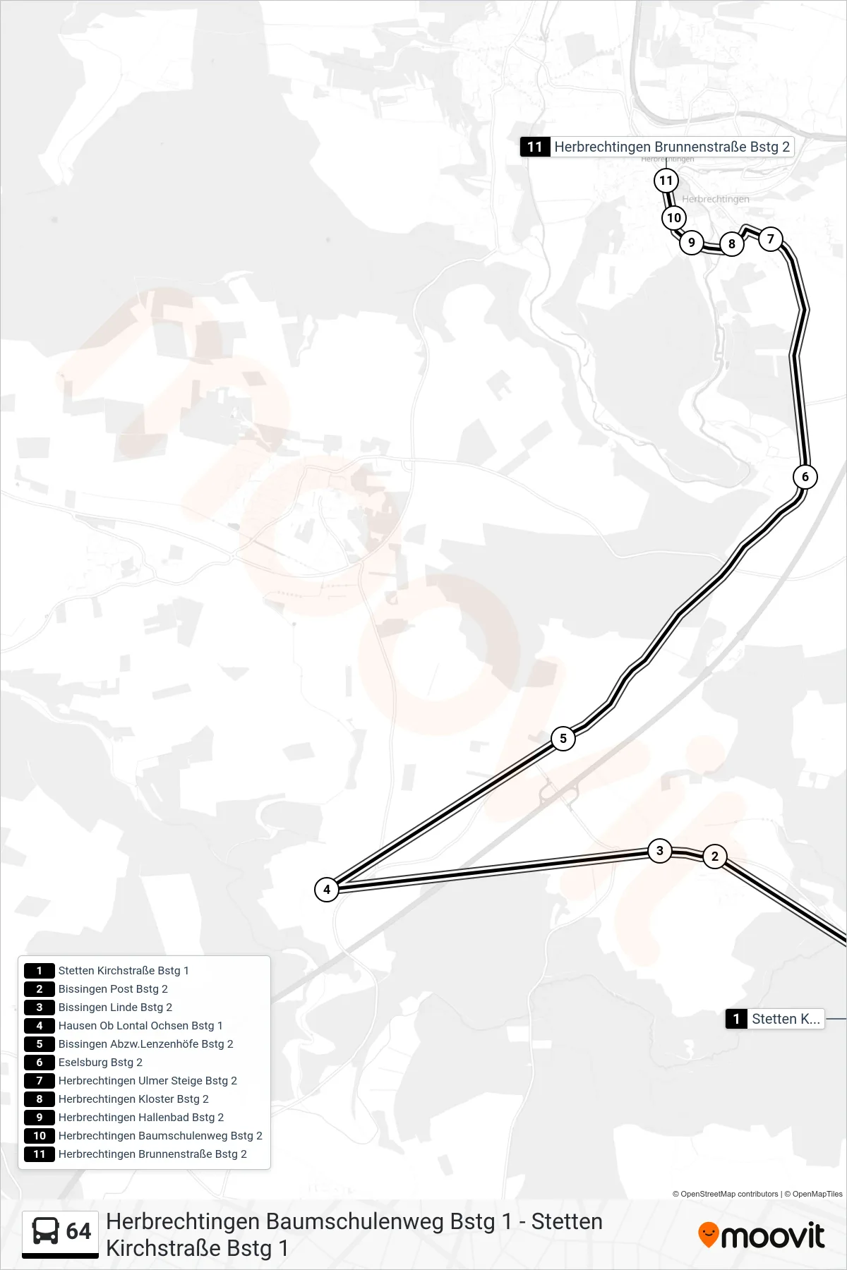 64 bus Line (Herbrechtingen Brunnenstraße) route and stops on a map
