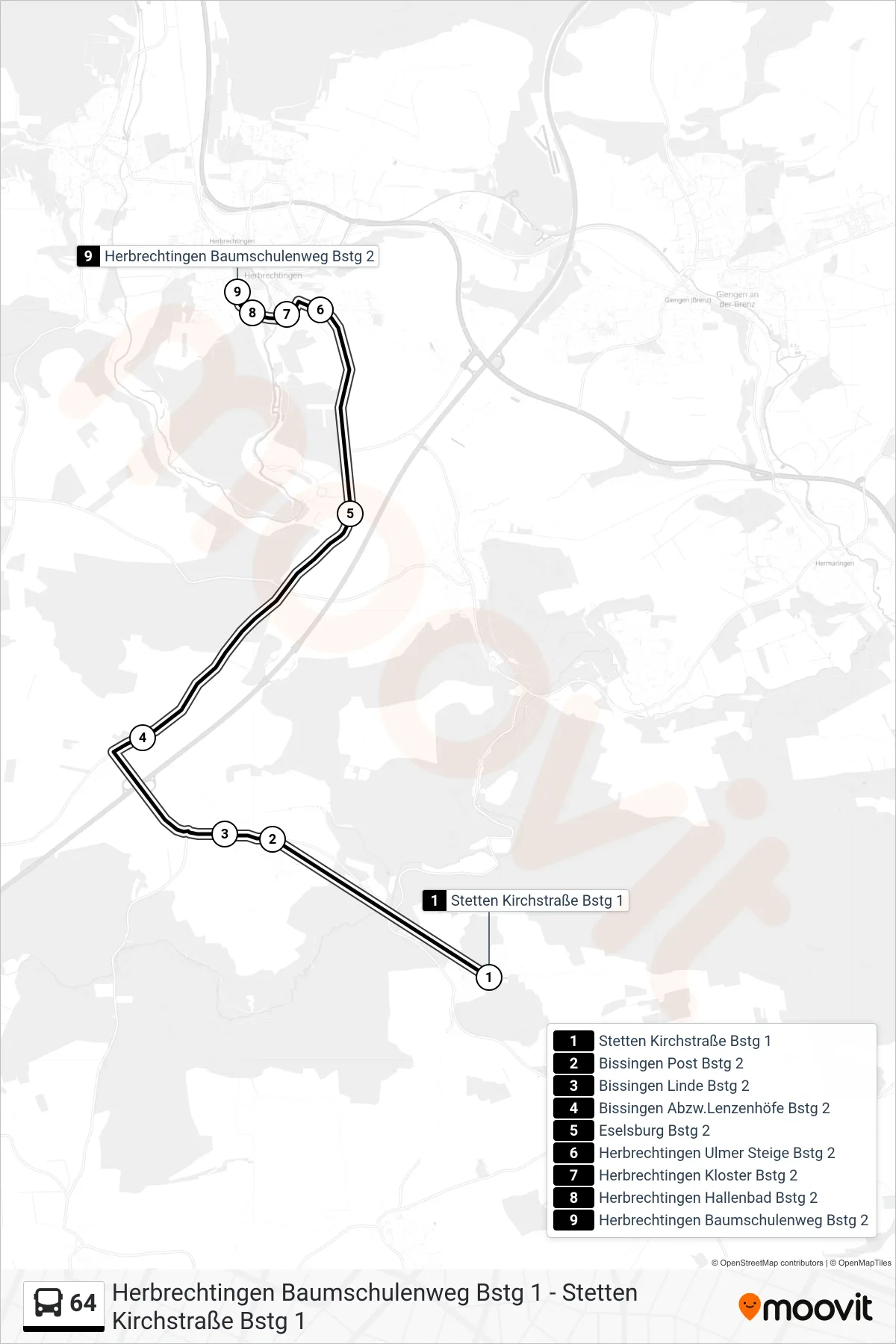 64 bus Line (Herbrechtingen Baumschulenweg) route and stops on a map