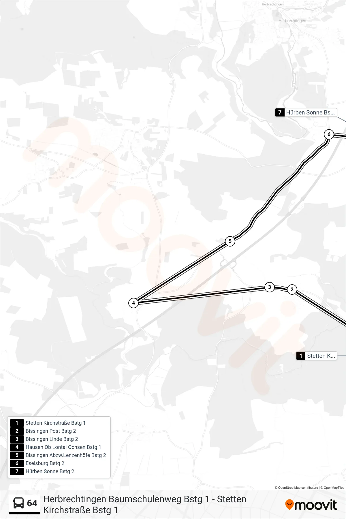 64 bus Line (Hürben Sonne) route and stops on a map