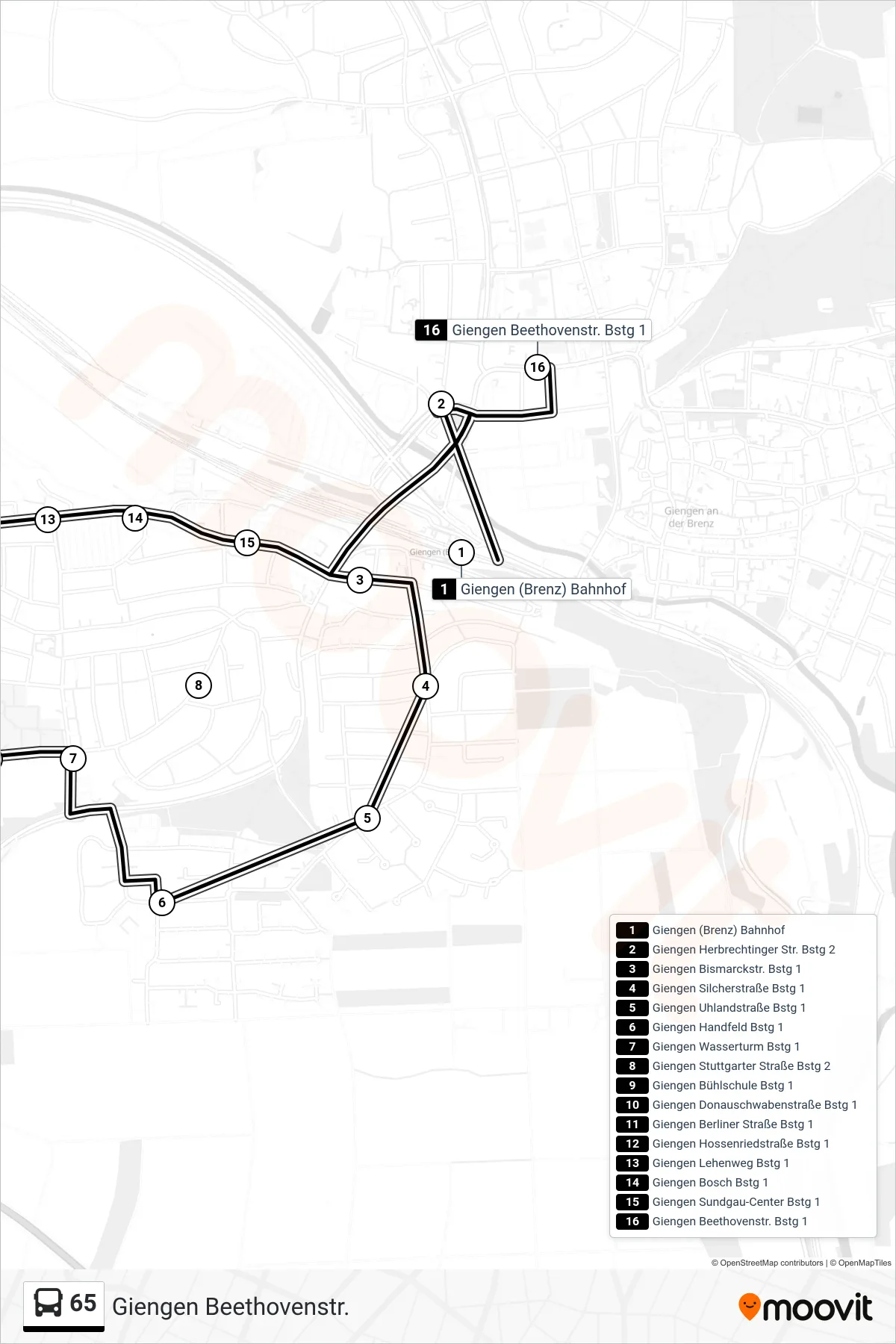 65 bus Line (Giengen Beethovenstr.) route and stops on a map