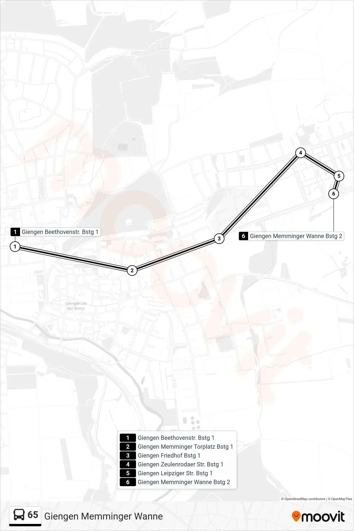 65 bus Line (Giengen Memminger Wanne) route and stops on a map