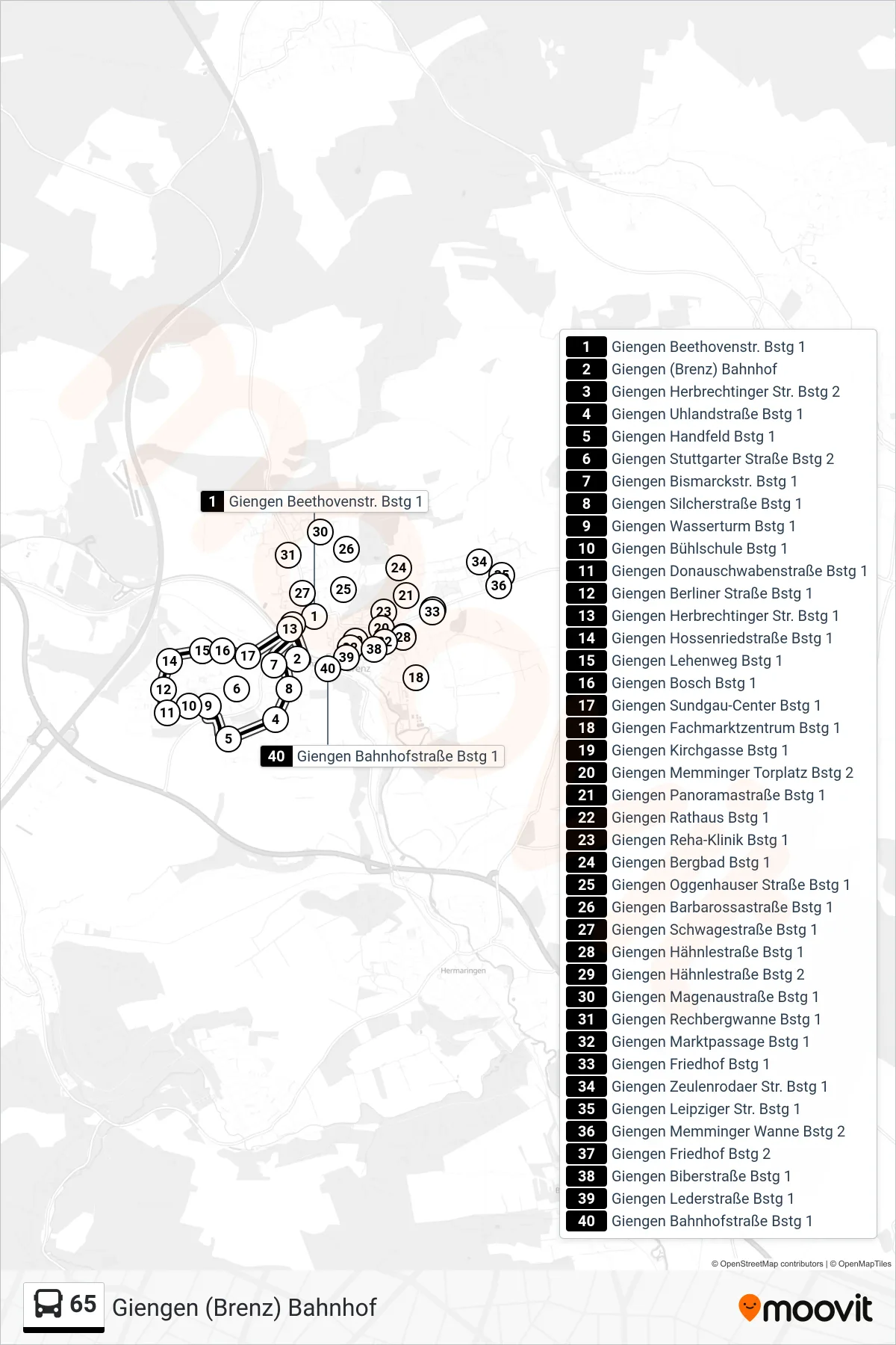 65 bus Line (Giengen (Brenz) Bahnhof) route and stops on a map